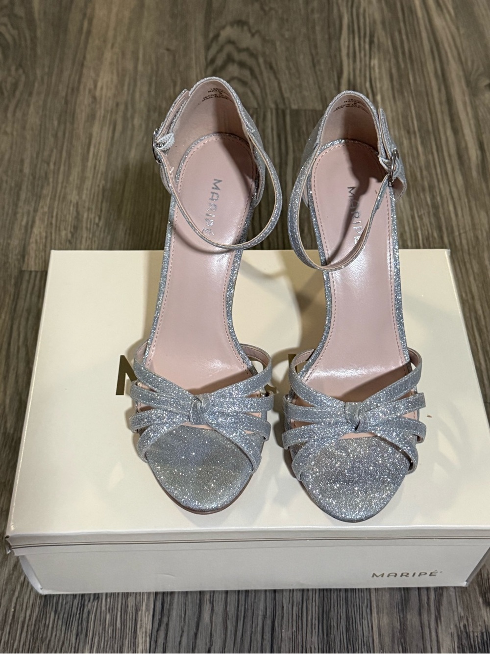 Maripe Silver Glitter Knot Front Ankle‑Strap Heels